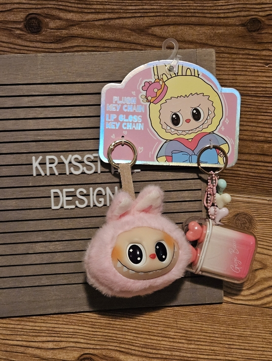 Source Unknown Accessories - Labubu Pink Plush Keychain And Lip Gloss Keychain Set